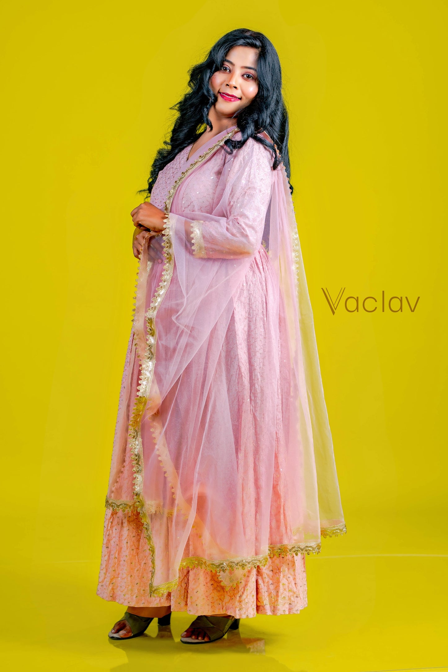 women pink long frock