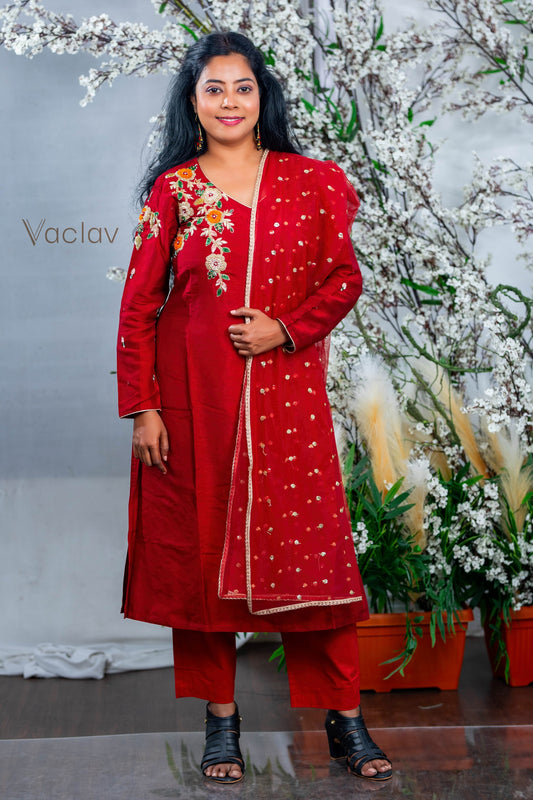 women party wear red suit pant with Embroidered