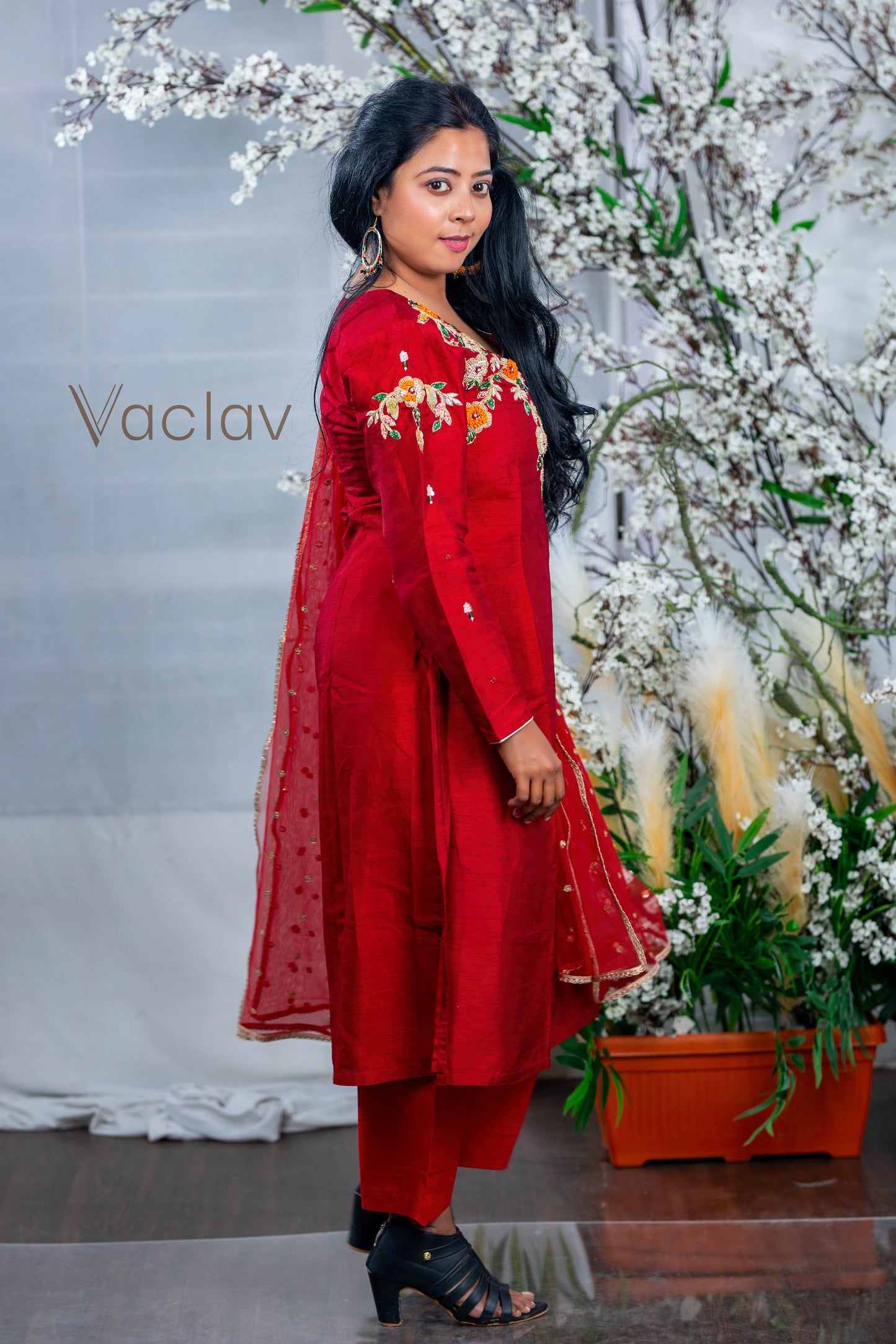 women party wear red suit pant with Embroidered