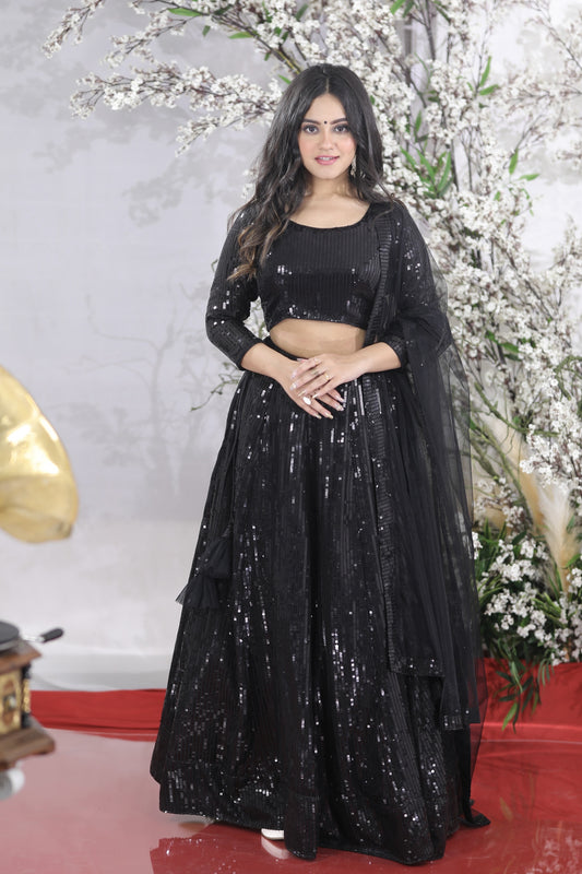 Midnight Elegance Black Georgette Lehenga Blouse with U-Neck - Indian Ethnic Wear