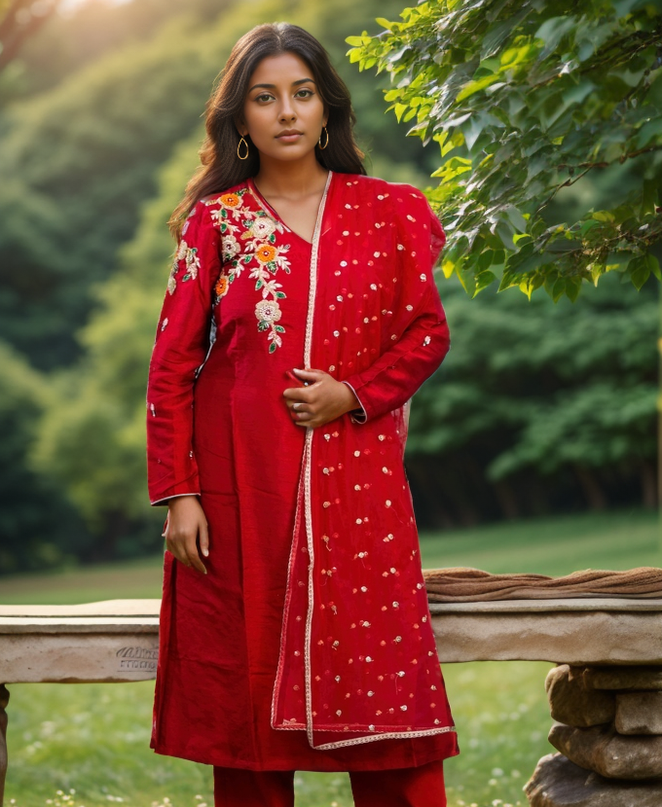 women party wear red suit pant with Embroidered